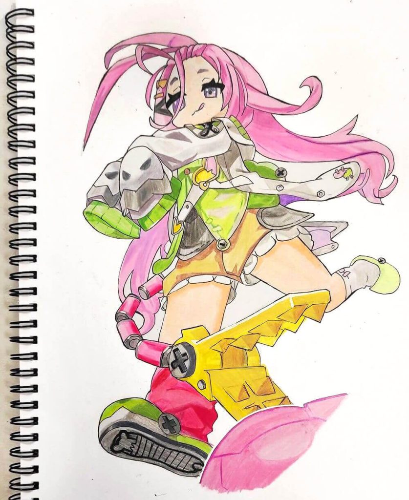 Dessin de personnage manga en mouvement aux crayons de couleur réalisé par une adolescente. Apprentissage de l'anatomie, des proportions du corps humain et du character design près de Vertou.