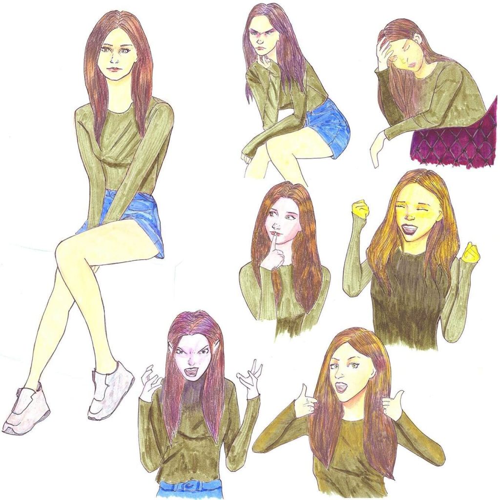 Étude de charadesign : visage de femme, expressions et anatomie du regard au feutre à l'eau. Ateliers de BD et comics pour ados et adultes proche de Saint-Herblain.