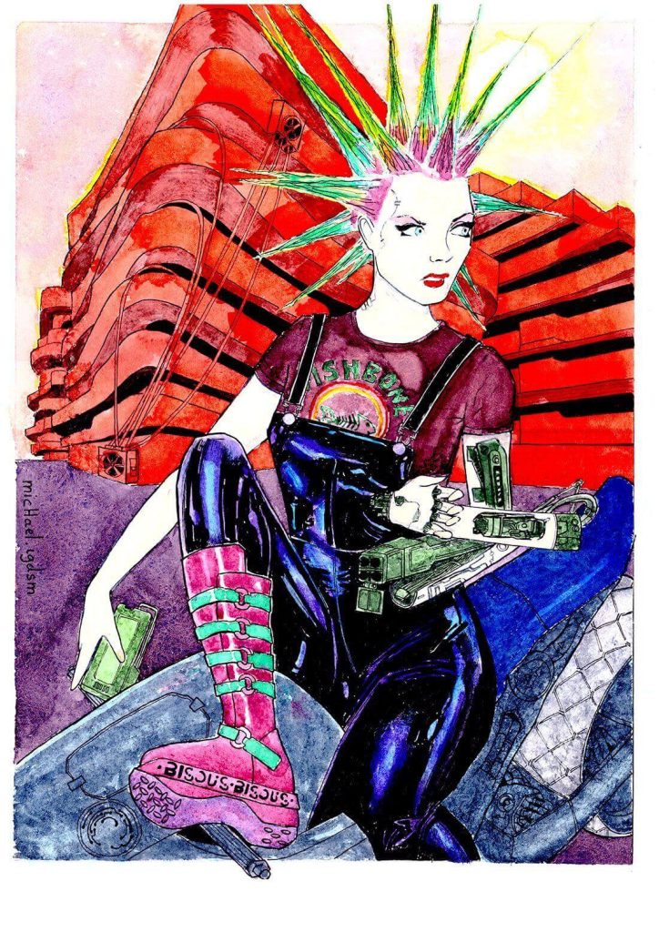 Illustration d'une super-héroïne badass dans un univers cyberpunk coloré au Studio Adya : apprenez le dessin comics et l'aquarelle à Orvault via la ligne 2 du tramway