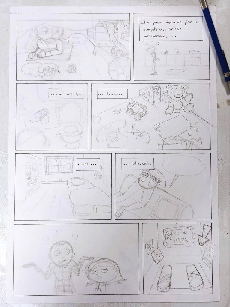 Exercice de composition d'image et de storyboard pour une bande dessinée lors d'un atelier créatif à proximité de Sautron.