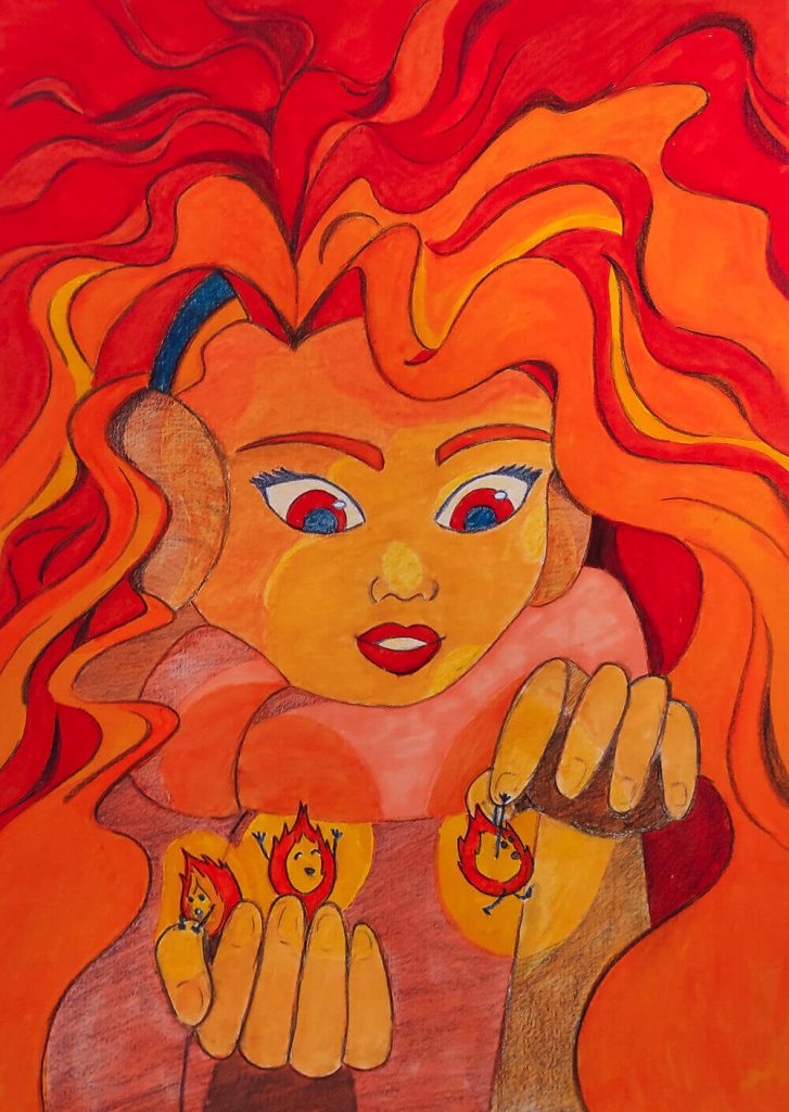 Dessin aux crayons de couleur, portrait de femme fantastique avec flammes et travail des lumières, cours d'illustration à l'Atelier Adya, Nantes Le Cardo.