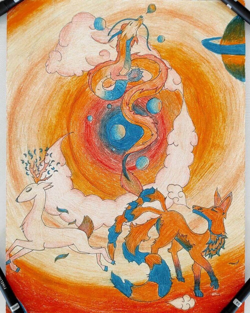 Illustration réalisée lors d’un atelier manga : animaux fantastiques japonais (Kitsune, Kirin, Dragon) aux crayons de couleur. Cours de dessin spécialisé à Orvault, quartier de La Chollière.