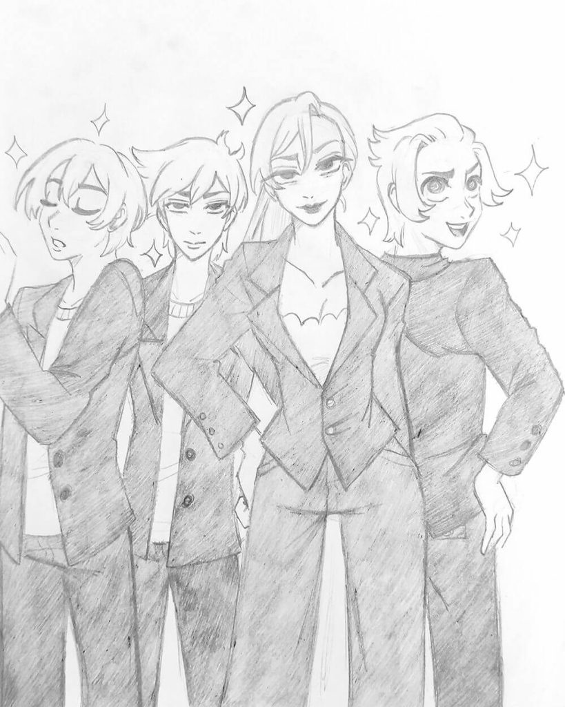 Étude de character design en atelier manga : une famille de personnages "badass" (triplés et leur mère) au crayonné expressif. Apprentissage de la morphologie à Nantes Nord.