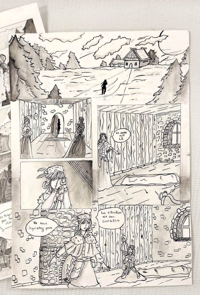 Planche de BD d'aventure en noir et blanc réalisée à l'encre et au lavis par une adolescente en cours de perfectionnement à côté du Tram 2 arrêt Cardo