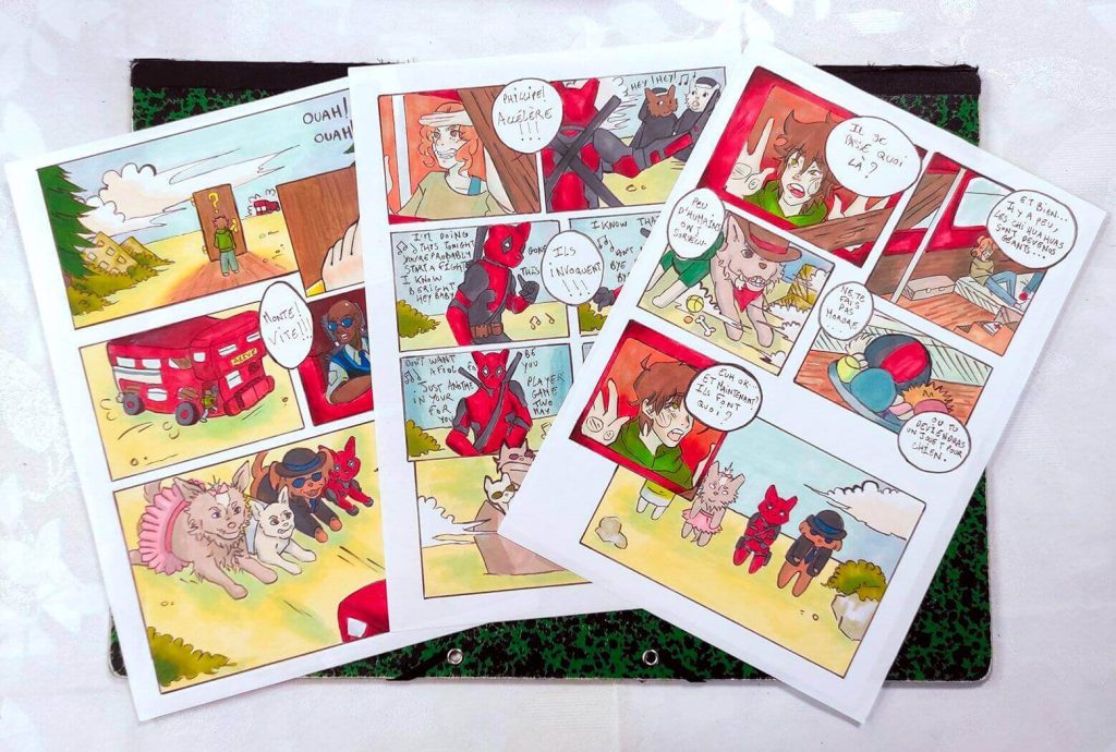 Trois planches de bande dessinée humoristique aux feutres à alcool, réalisées dans un style narratif et illustratif par un élève à Orvault La Cholière.