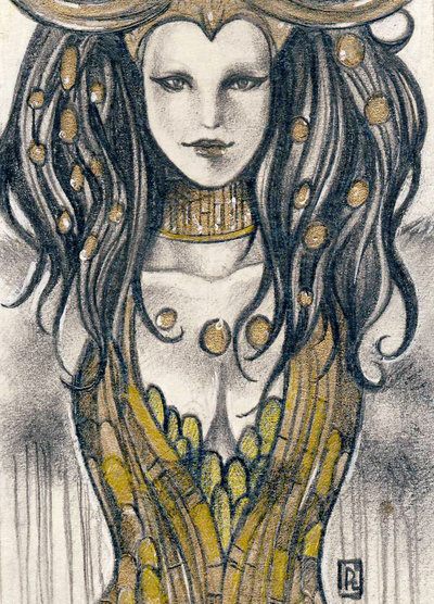 Portrait charadesign de Lady Loki au crayon gris avec rehauts au stylo doré pour l'effet métal. Atelier de dessin comics proche de La Chapelle-sur-Erdre.