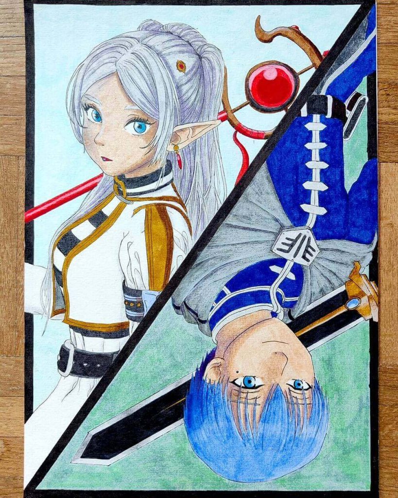Fanart manga des personnages Frieren et Hiemmel sous forme de carte à jouer. Exercice de découverte sur les ombrages au crayon de couleur pour débutants, secteur Saint-Herblain.