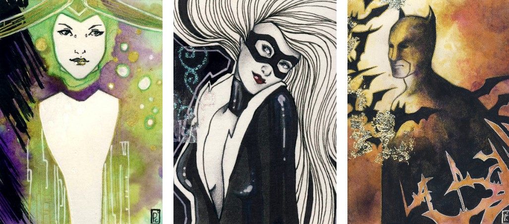 Apprenez la création de personnages de comics Marvel et DC à l’atelier Adya – Orvault proche du quartier Petit Chantilly : portraits en couleur technique mixte de Lady Loki, Batman et Black Cat réalisés par des élèves adultes