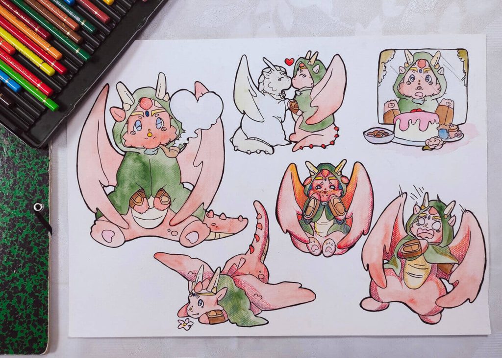 Dessin de dragons et émotions à l'aquarelle Faber-Castell, fanart du Seigneur des Anneaux, cours de dessin à l'Atelier Adya proche d'Indre.