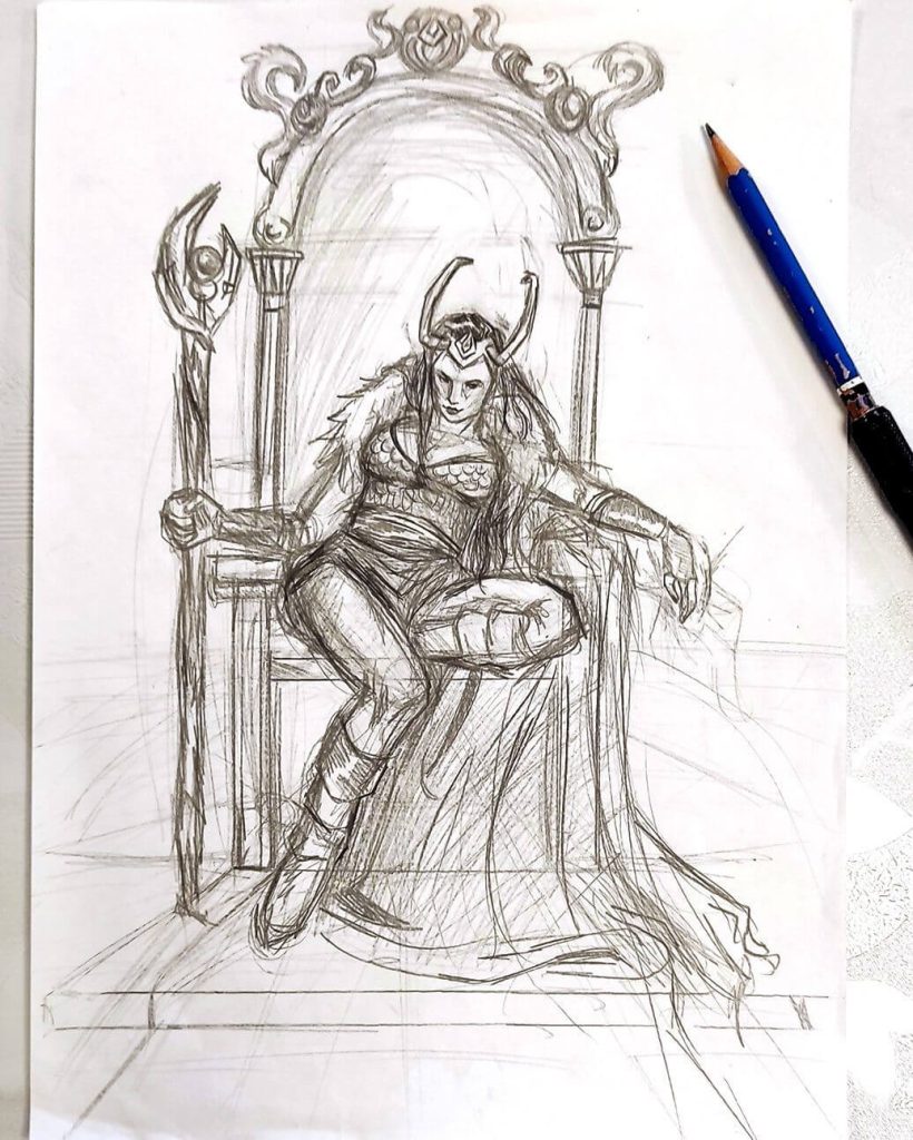 Croquis au crayon d'un fanart Marvel représentant Lady Loki sur son trône, réalisé lors d'un cours de dessin secteur Cardo.