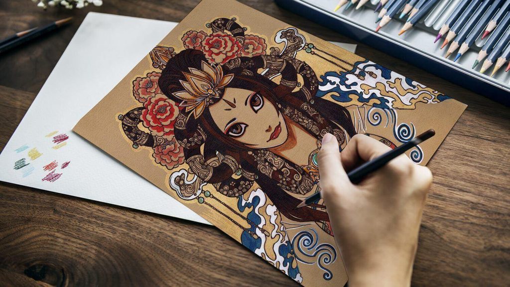 Portrait manga d'une divinité réalisé au feutre pinceau et aux stylos POSCA. Cours de perfectionnement technique à l'atelier de dessin, 3 rue du Printemps à Orvault.