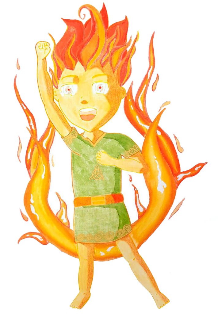 Dessin de personnage Chibi manga avec effets de flammes et mouvement aux crayons de couleur. Apprentissage des effets élémentaires et du dynamisme à l'atelier, secteur Sautron.
