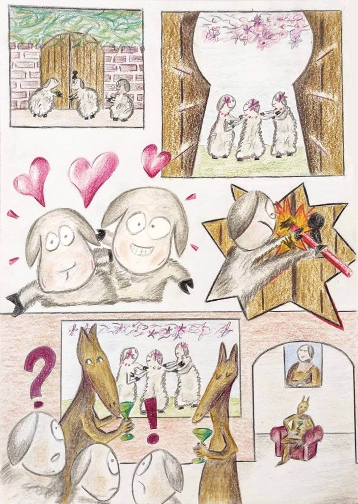 Planche de BD au style cartoon réalisée aux crayons de couleur par un adolescent lors d'un cours de dessin dans le Nord-Loire.