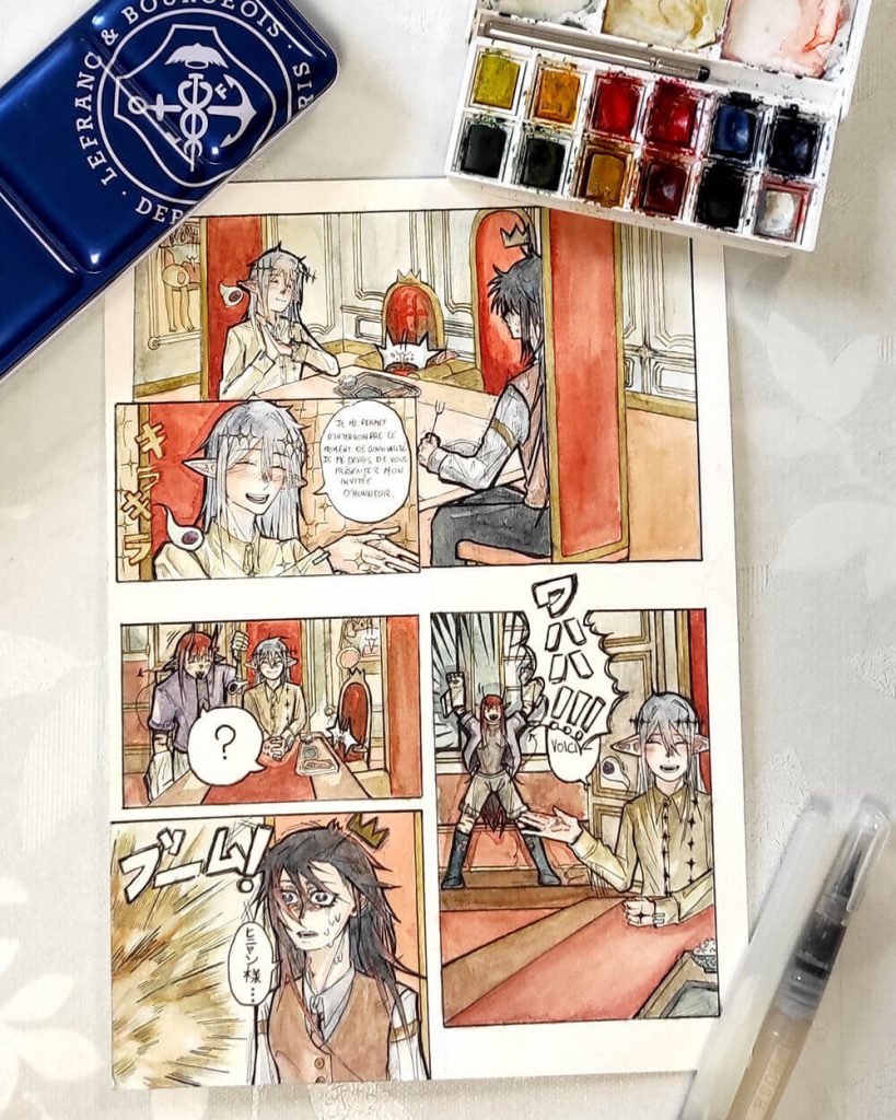 Planche de manga originale peinte à l'aquarelle avec matériel de peinture, cours de dessin et BD à l'Atelier Adya près du Pellerin et Saint-Herblain.