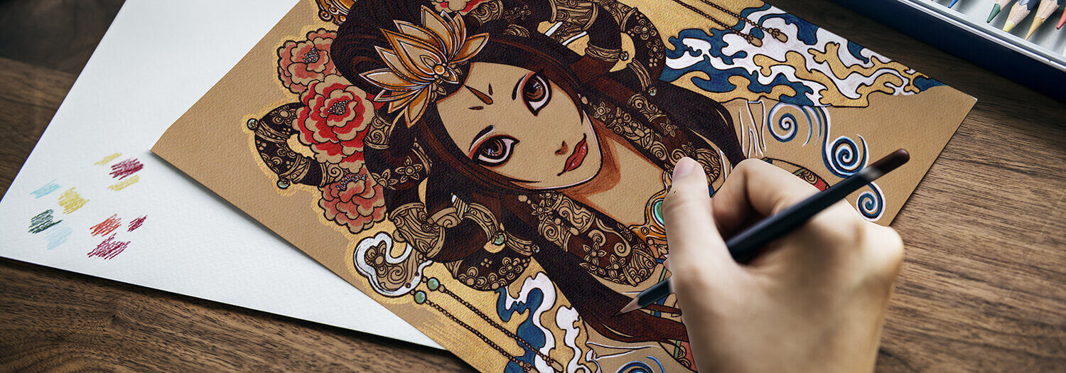 Portrait d'une déesse en dessin manga, réalisé au feutre pinceau et feutre acrylique (Posca et Molotow ) par Claire Pacheco. Cours de perfectionnement pour ados et adultes à Nantes, proche tramway