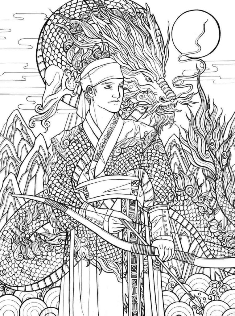 Illustration à l'encrage noir et blanc d'un archer traditionnel de Corée et d'un dragon asiatique, réalisée par l'illustratrice Claire Pacheco (Atelier Adya), secteur Nantes Longchamp