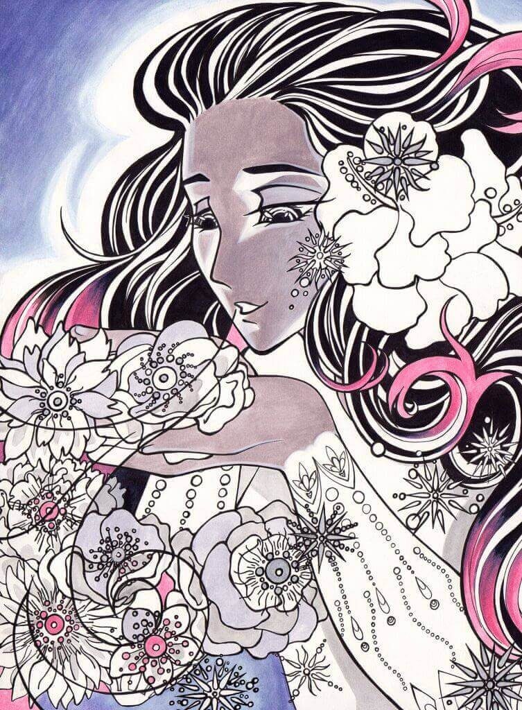 Cours de dessin manga à Nantes Nord : illustration d'une déesse asiatique à l'encrage traditionnel, feutre pinceau et Posca par Claire Pacheco