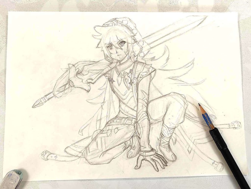 Croquis (sketch) d'un personnage de Genshin Impact réalisé par une adolescente en stage manga à l'Atelier proche secteur Procé - Monselet