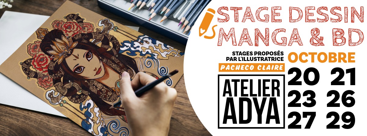 Programme complet des stages intensifs de dessin, BD et Manga à l'Atelier Adya. Apprentissage des règles de perspective, du character design, du story-board et de l'ancrage par Claire Pacheco, illustratrice diplômée de l'École Pivaut. Stages vacances pour enfants, ados et adultes à Nantes Nord, secteur Cardo - Grand Val, à proximité immédiate d'Orvault